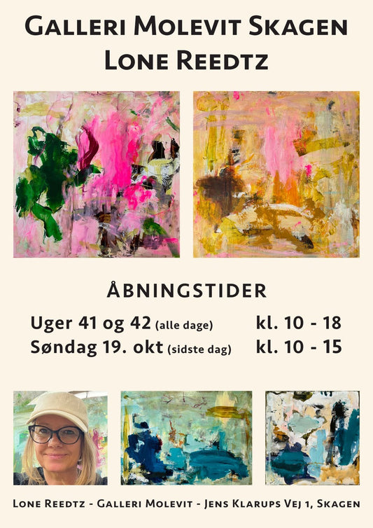 Lone Reedtz abstrakte malerier Skagen 2025 Galleri Molevit efterårsudstilling – udstillingsplakat med ekspressive malerier i pink, grønne og gyldne toner, portræt af kunstneren og praktiske oplysninger