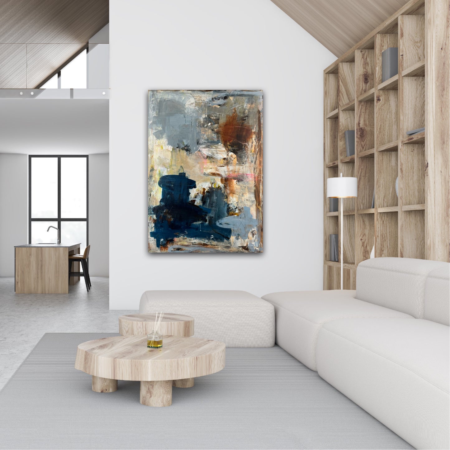 Abstrakt maleri, 100x140 cm, "A beautiful place" by Lone Reedtz , Abstrakt ekspressivt akrylmaleri på lærred Black Blue Brown Grey Ochre Orange Pink White