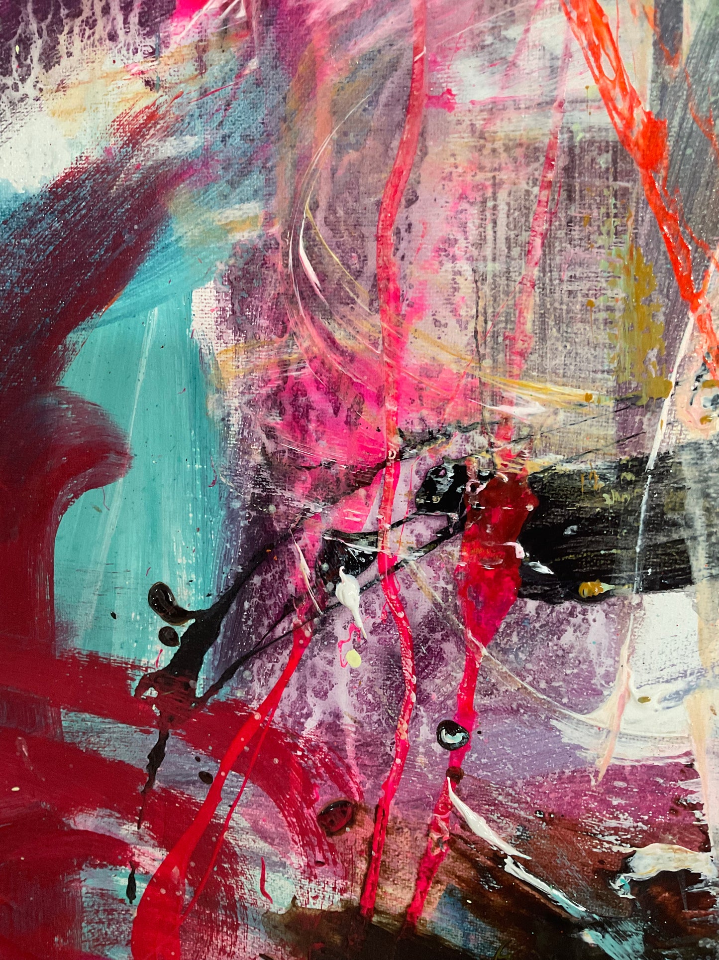 Abstrakt maleri, 120x100 cm, "DEN RØDE BALLON” by Lone Reedtz , Abstrakt ekspressivt akrylmaleri på lærred