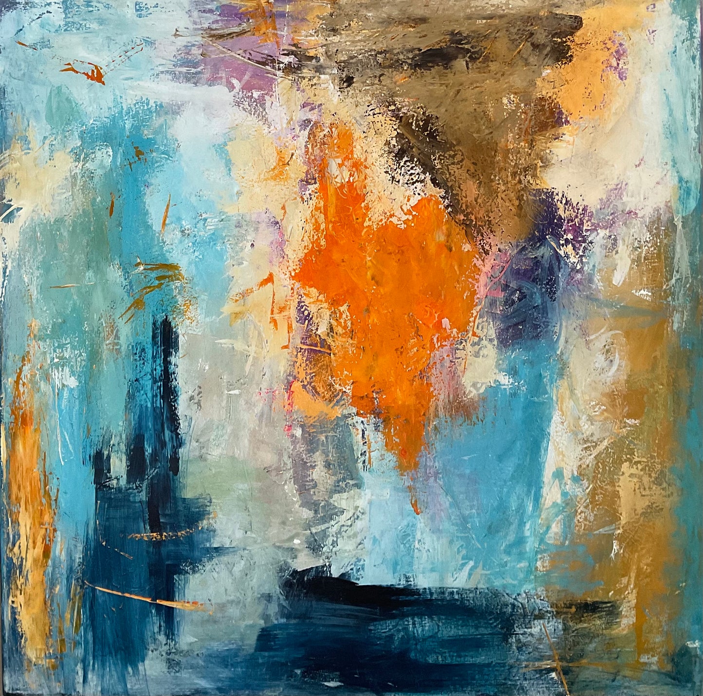 Abstrakt maleri, 100x100 cm, "Where the fairytale begins" by Lone Reedtz , Abstrakt ekspressivt akrylmaleri på lærred Uden ramme