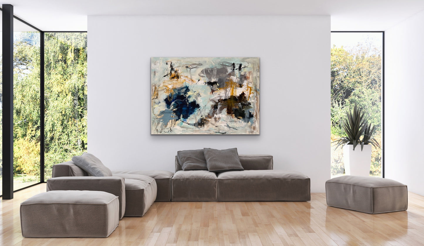 Abstrakt maleri, 140x100 cm, "Something about blue" by Lone Reedtz , Abstrakt ekspressivt akrylmaleri på lærred