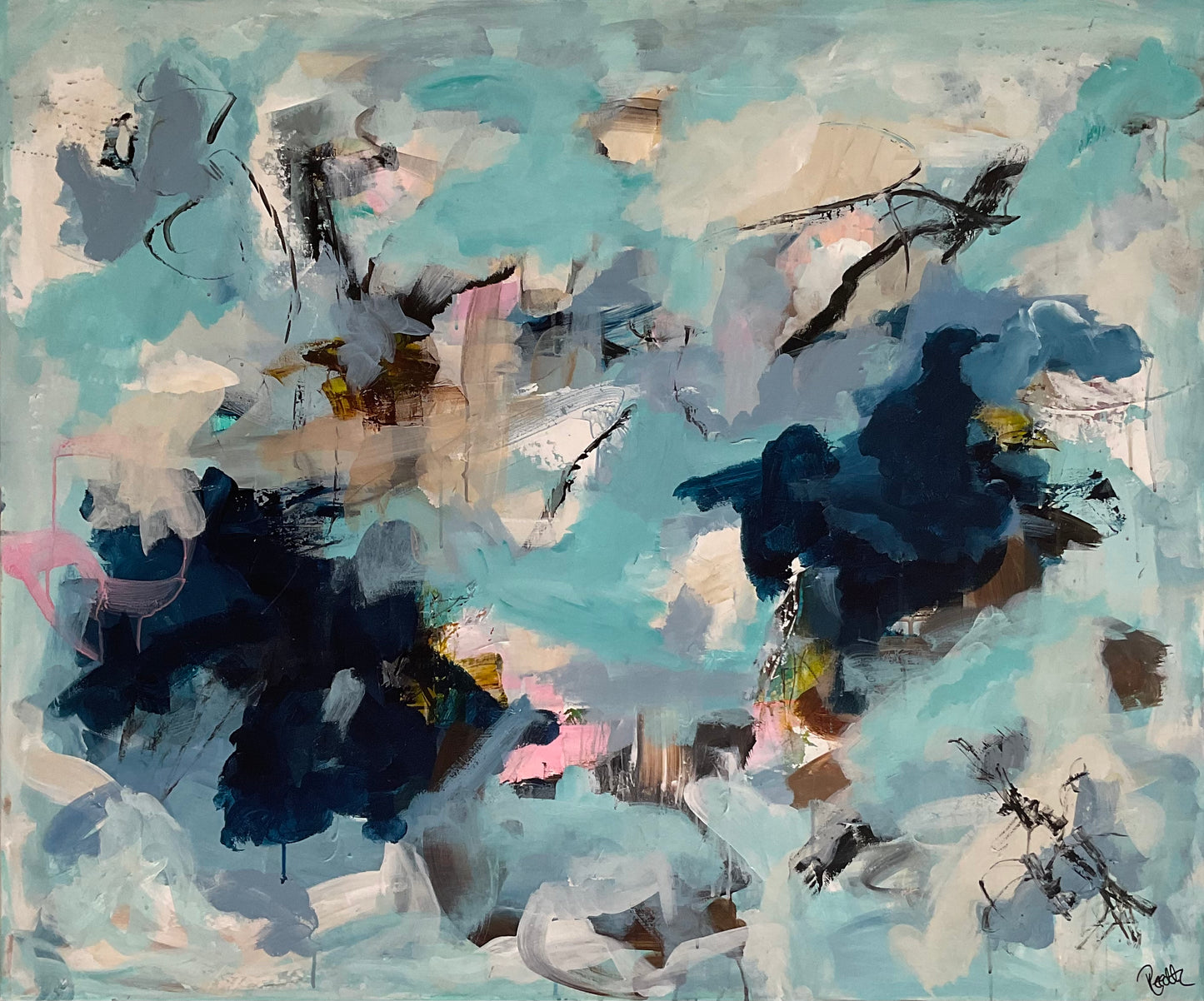 Abstrakt maleri, 100x120 cm, ”WAVES” by Lone Reedtz , Abstrakt ekspressivt akrylmaleri på lærred Uden ramme