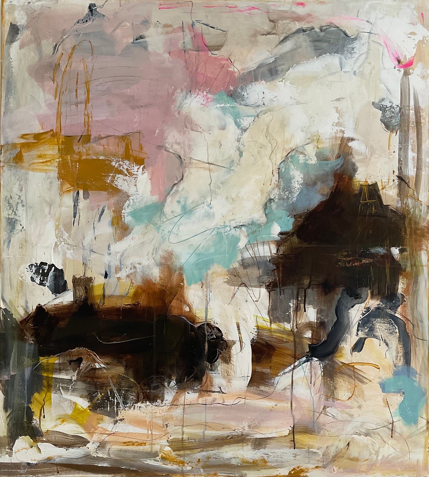 Abstrakt maleri, 90x100 cm, "Let´s disappear" by Lone Reedtz , Abstrakt ekspressivt akrylmaleri på lærred Uden ramme