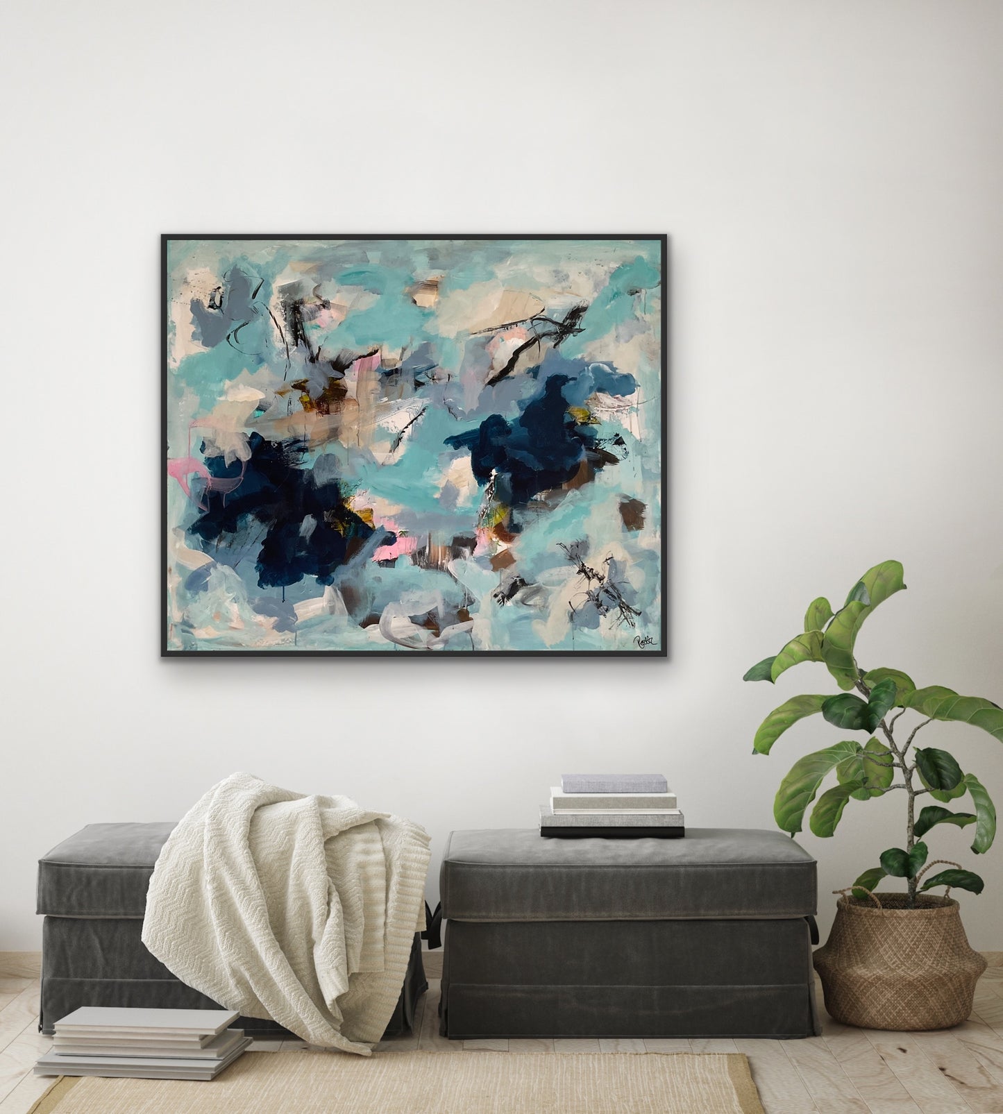 Abstrakt maleri, 100x120 cm, ”WAVES” by Lone Reedtz , Abstrakt ekspressivt akrylmaleri på lærred Med sort svæveramme