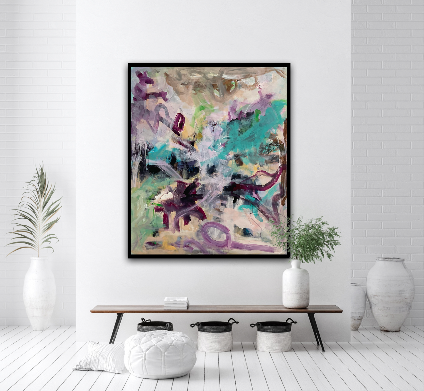 Abstrakt maleri, 120x100 cm, ”ESTIVAL” by Lone Reedtz , Abstrakt ekspressivt akrylmaleri på lærred Med sort svæveramme