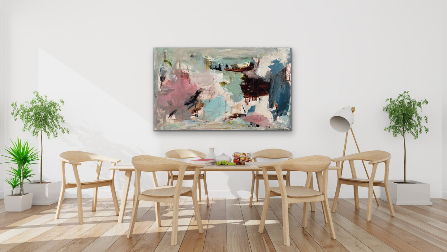 Abstrakt maleri, 150x90 cm, "Summer vibes" by Lone Reedtz , Abstrakt ekspressivt akrylmaleri på lærred