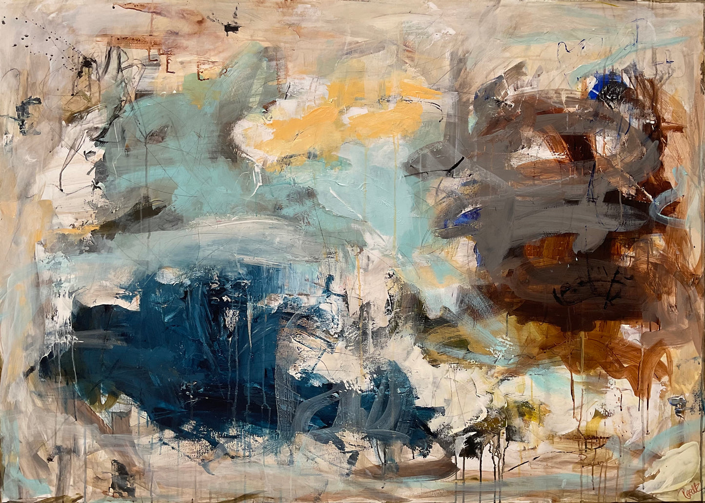 Abstrakt maleri, 100x140 cm, "ANOTHER DAY” by Lone Reedtz , Abstrakt ekspressivt akrylmaleri på lærred Uden ramme horsens-kunstforening