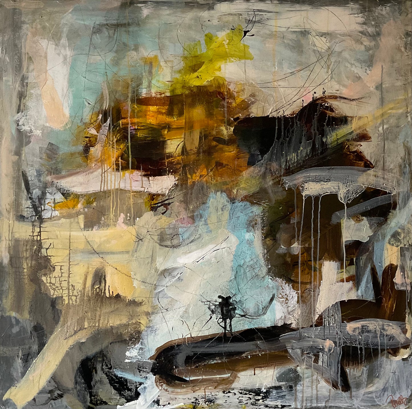 Abstrakt maleri, 100x100 cm, "World Ahead" by Lone Reedtz , Abstrakt ekspressivt akrylmaleri på lærred Uden ramme