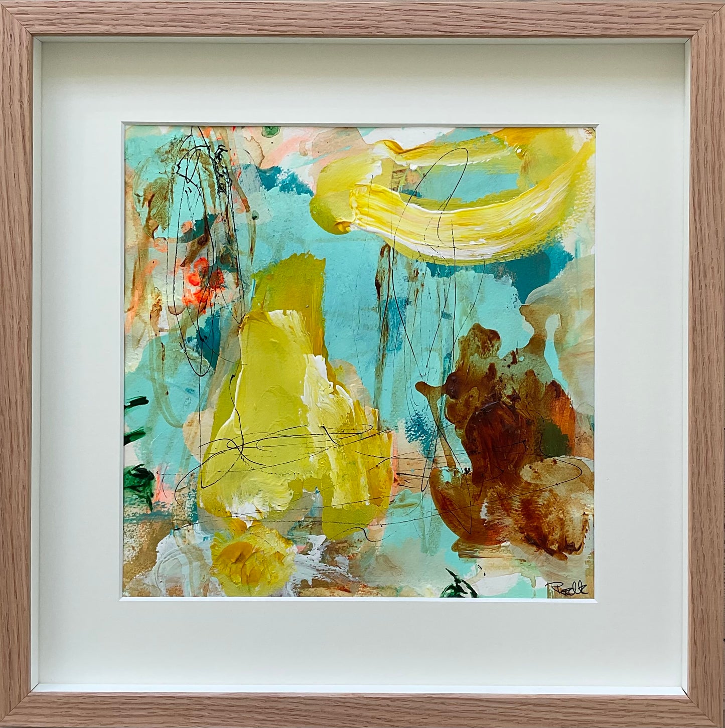 Paperwork, 40x40 cm, i boksramme af massivt egetræ by Lone Reedtz , Abstrakt ekspressivt akrylmaleri på papir i passepartout