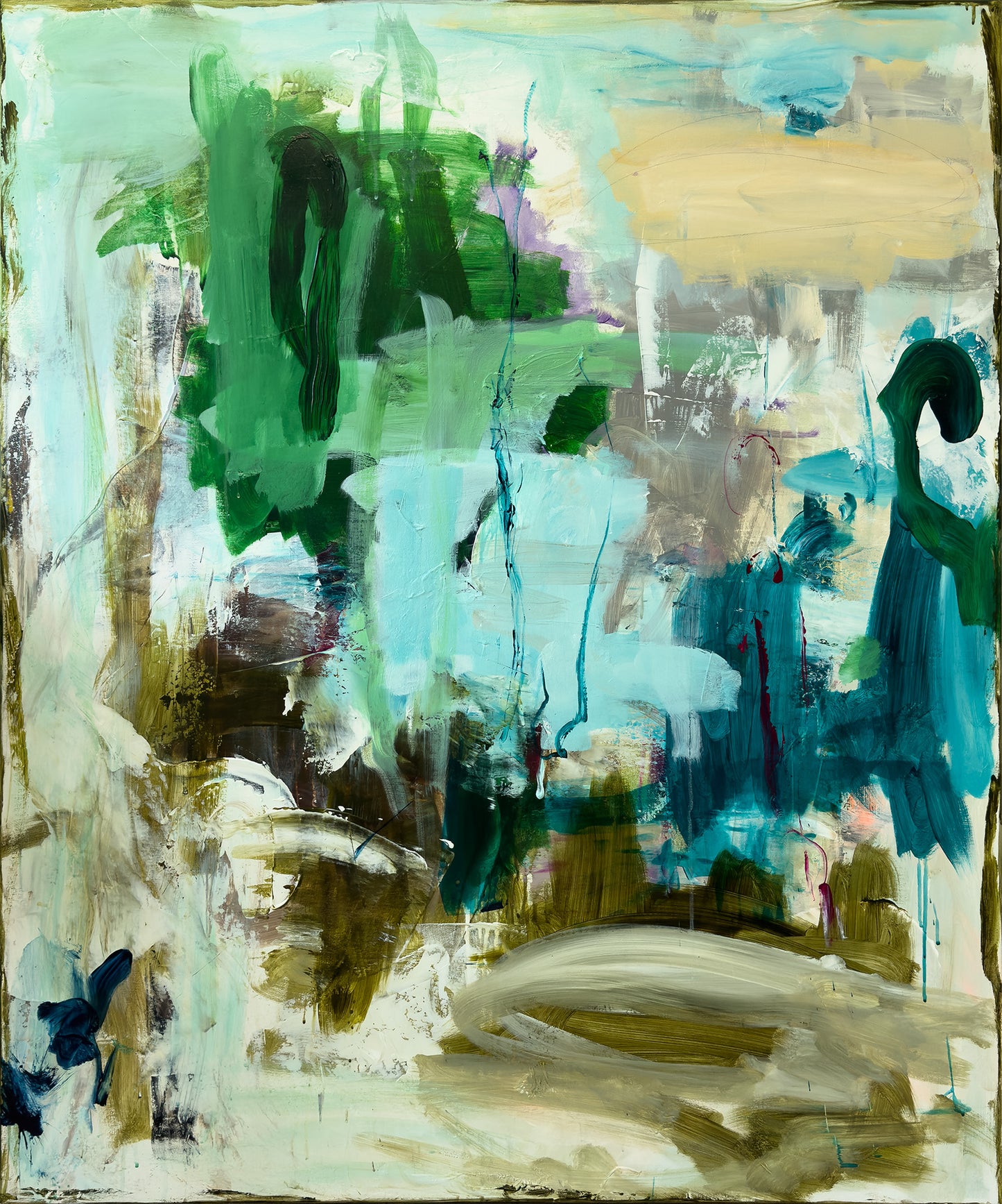 Abstrakt maleri, 120x100 cm, “VINDENS VALS” by Lone Reedtz , Abstrakt ekspressivt akrylmaleri på lærred Uden ramme Blue Brown Green Grey Orange Pink White Yellow