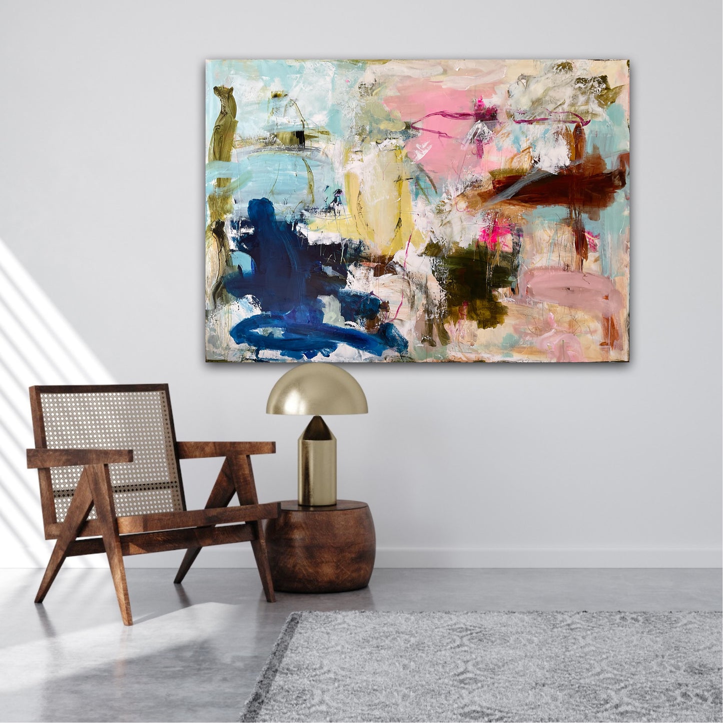 Abstrakt maleri, 100x140 cm, "HIGH POWER” by Lone Reedtz , Abstrakt ekspressivt akrylmaleri på lærred Black Blue Brown Grey Ochre Orange Pink White
