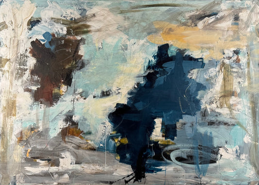 Abstrakt maleri, 100x140 cm, "Dive into the unknown" by Lone Reedtz , Abstrakt ekspressivt akrylmaleri på lærred Uden ramme Black Blue Brown Grey Ochre Orange Pink White