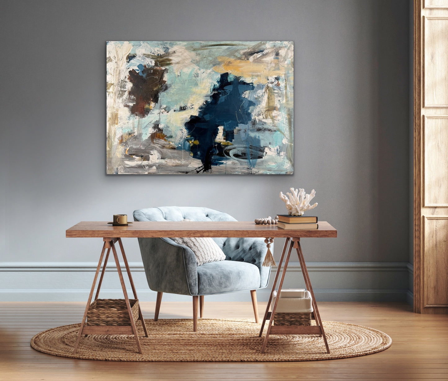 Abstrakt maleri, 140x100 cm, "Dive into the unknown" by Lone Reedtz , Abstrakt ekspressivt akrylmaleri på lærred Black Blue Brown Grey Ochre Orange Pink White
