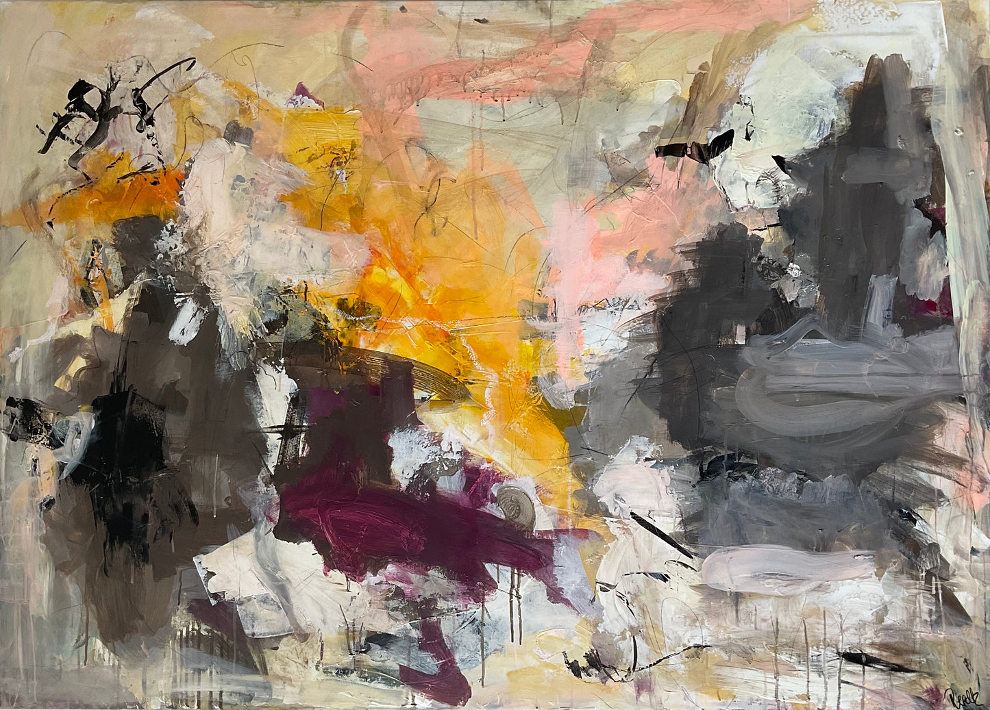 Abstrakt maleri, 100x140 cm, "FALL” by Lone Reedtz , Abstrakt ekspressivt akrylmaleri på lærred