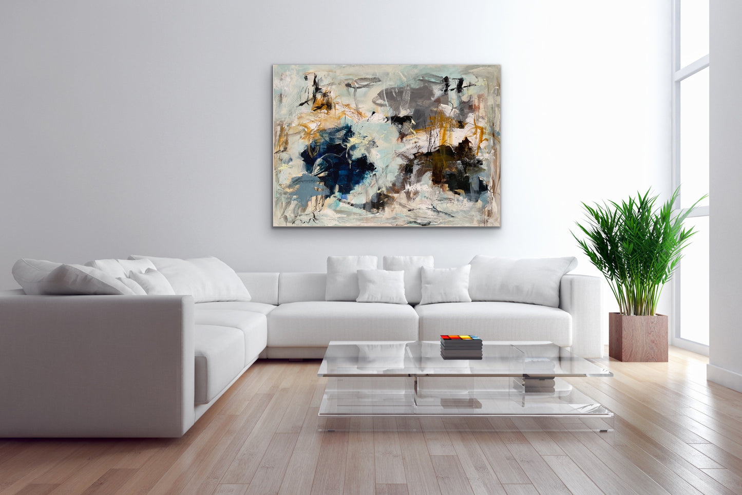 Abstrakt maleri, 140x100 cm, "Something about blue" by Lone Reedtz , Abstrakt ekspressivt akrylmaleri på lærred