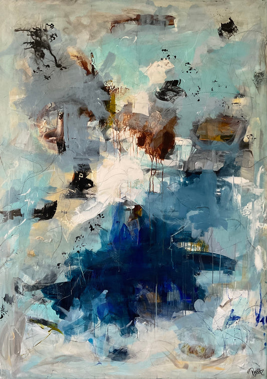 Abstrakt maleri, 140x100 cm, "Born inside of a raindrop" by Lone Reedtz , Abstrakt ekspressivt akrylmaleri på lærred Uden ramme