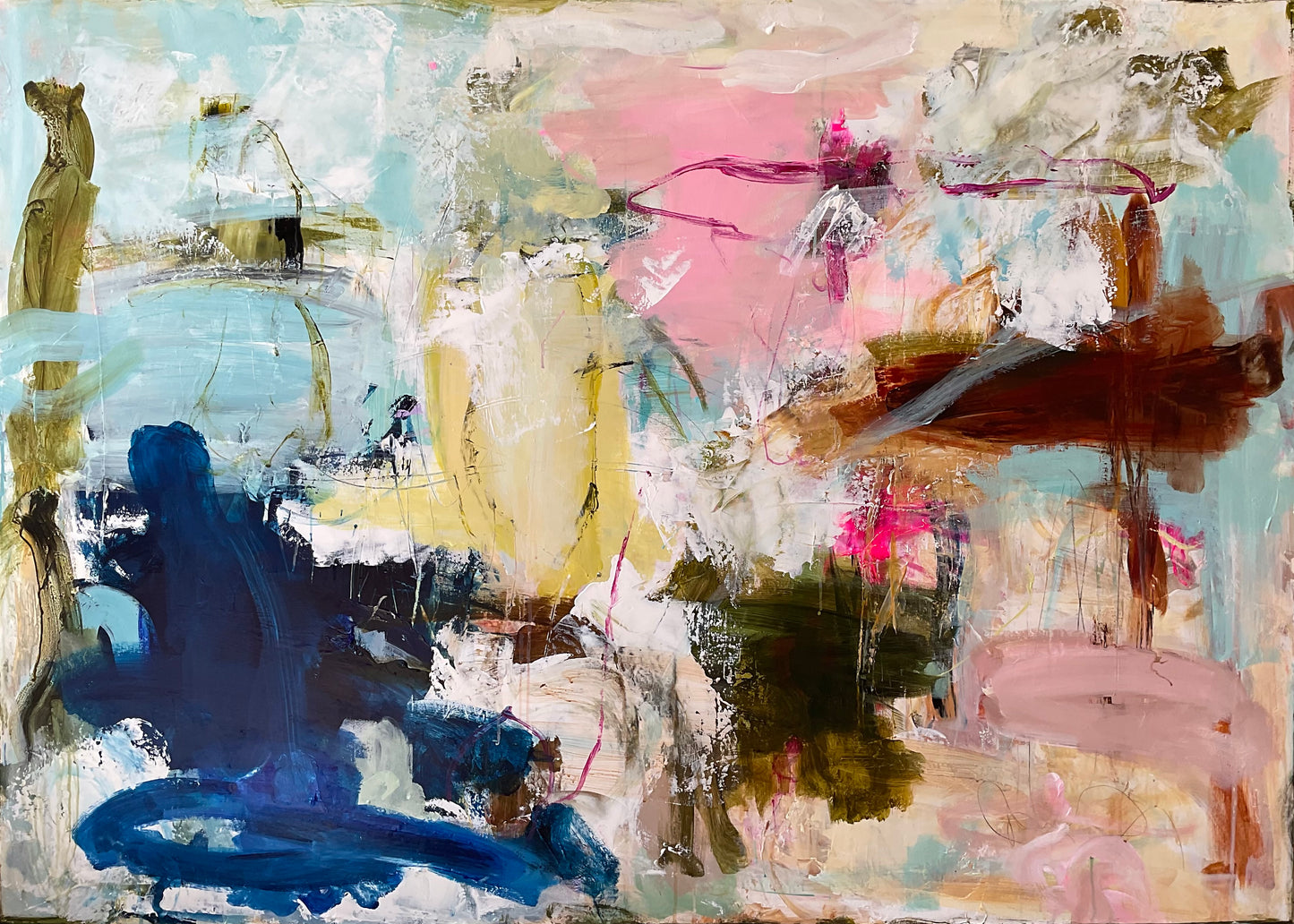 Abstrakt maleri, 100x140 cm, "HIGH POWER” by Lone Reedtz , Abstrakt ekspressivt akrylmaleri på lærred Uden ramme Black Blue Brown Grey Ochre Orange Pink White