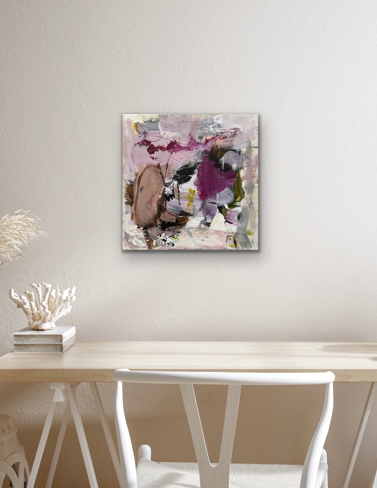 Abstrakt maleri, 40x40 cm, "Embrace" by Lone Reedtz , Abstrakt ekspressivt akrylmaleri på lærred