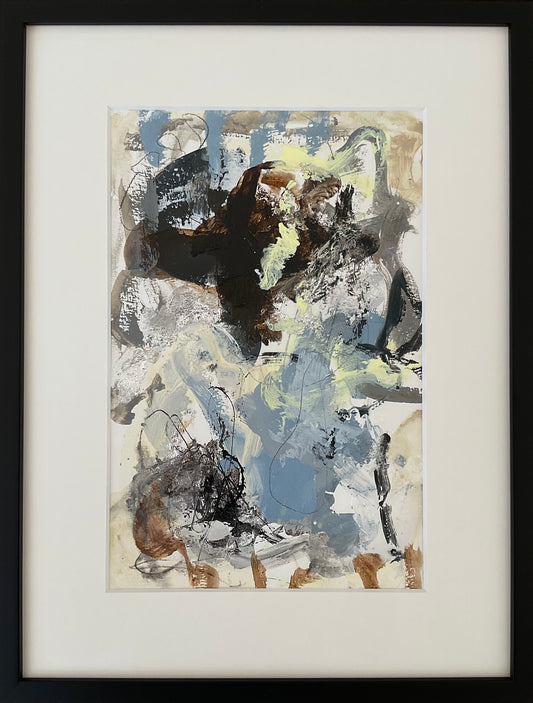Paperwork nr. 17, 40x30 cm, med sølv bladmetal og sort træramme by Lone Reedtz , Abstrakt ekspressivt akrylmaleri på papir i passepartout Blue Brown Grey Silver