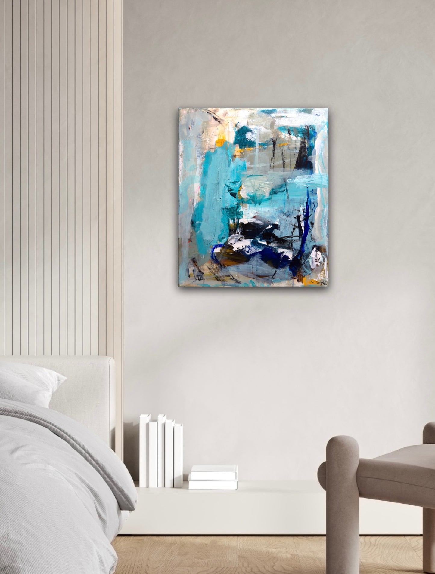 Abstrakt maleri, 60x50 cm, "In your eyes” by Lone Reedtz , Abstrakt ekspressivt akrylmaleri på lærred Uden ramme Black Blue Brown Grey Ochre Orange White