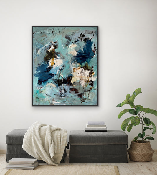 Abstrakt maleri, 120x100 cm, "Different worlds" by Lone Reedtz , Abstrakt ekspressivt akrylmaleri på lærred Med sort svæveramme