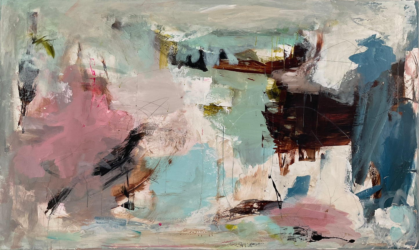 Abstrakt maleri, 150x90 cm, "Summer vibes" by Lone Reedtz , Abstrakt ekspressivt akrylmaleri på lærred Uden ramme