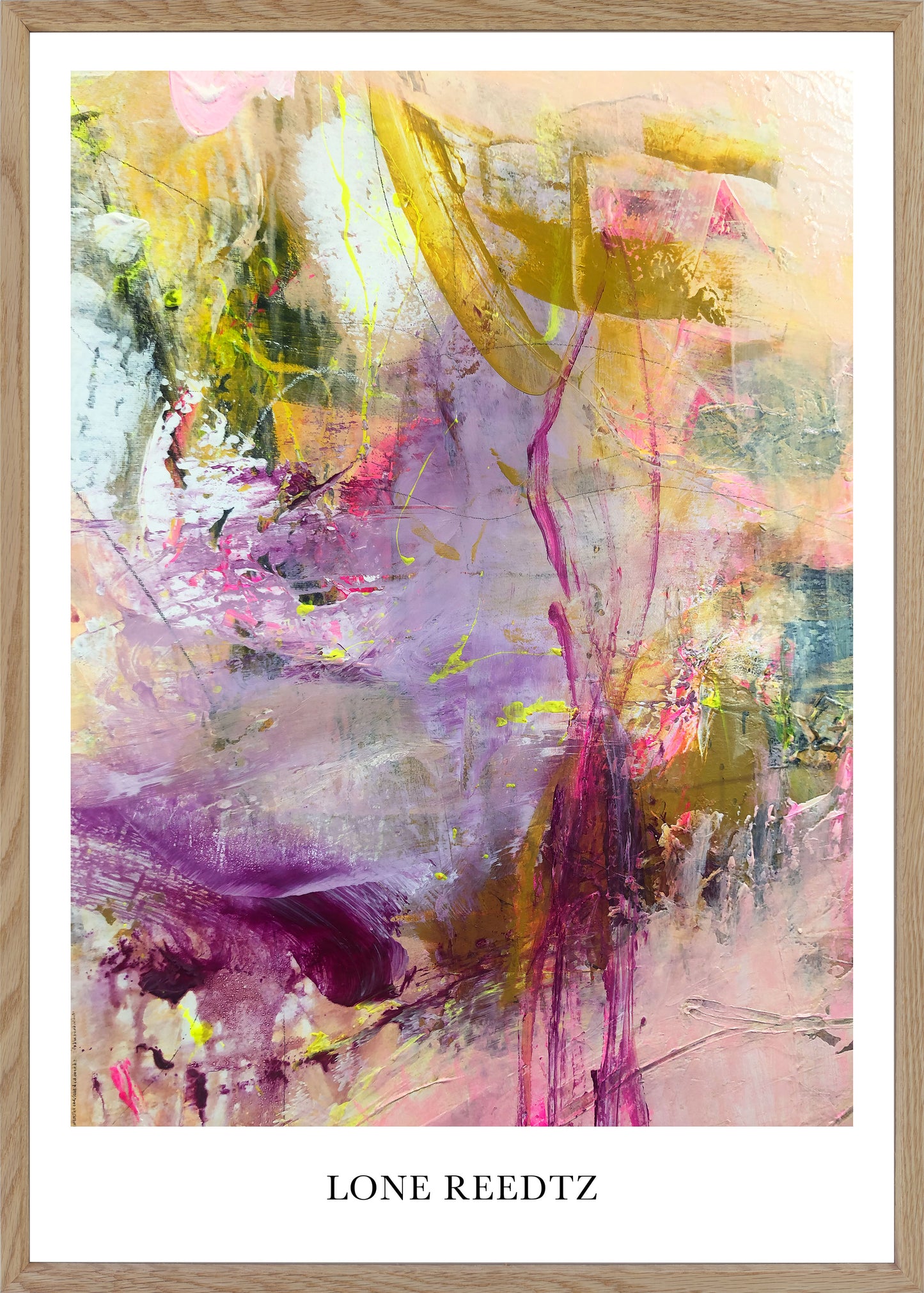Abstrakt kunstplakat, 62x44 cm, "Livest dans v2" - Limited Edition by Lone Reedtz , Abstrakt ekspressiv kunstplakat Massiv egetræsramme