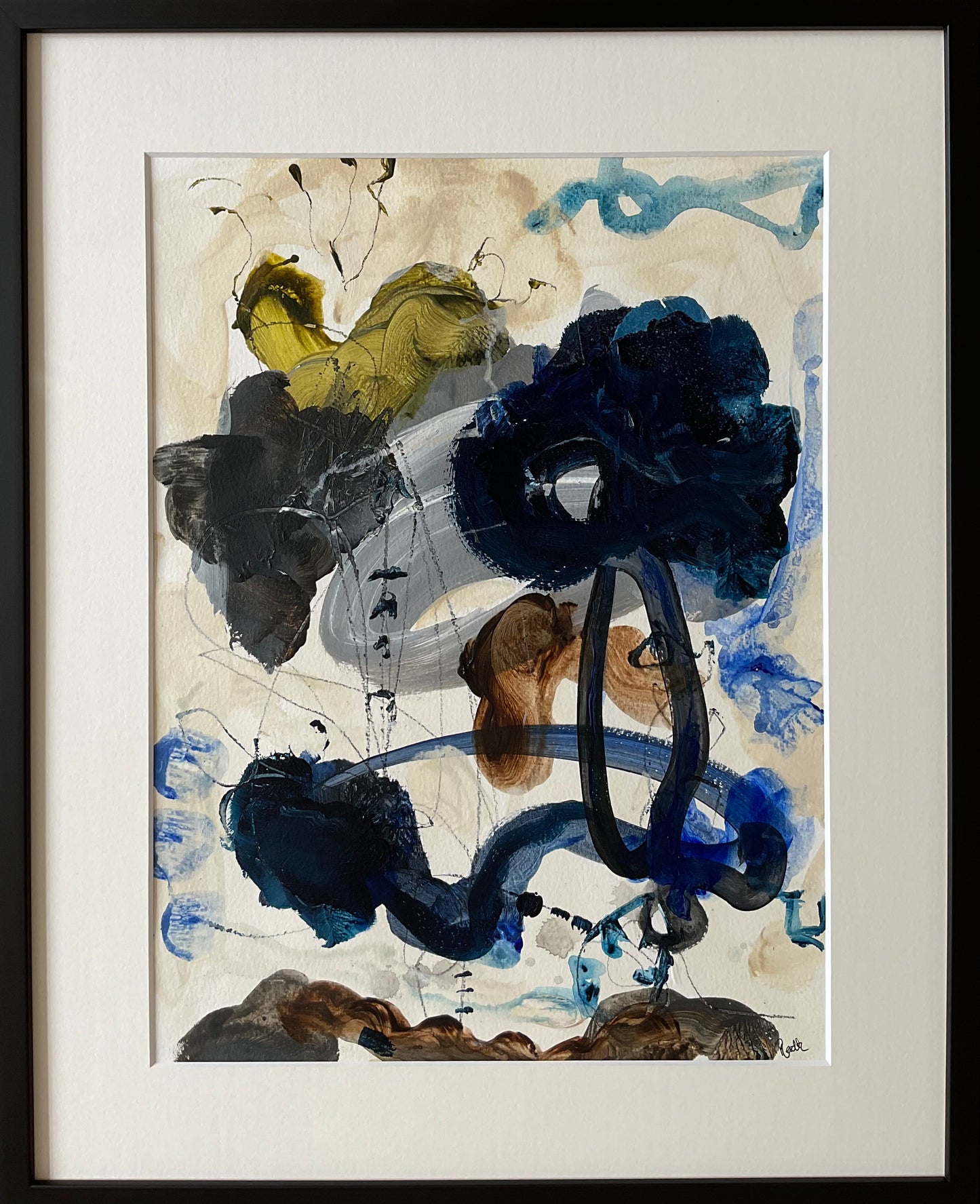 Paperwork nr. 57, 40x50 cm med sort træramme by Lone Reedtz , Abstrakt ekspressivt akrylmaleri på papir i passepartout
