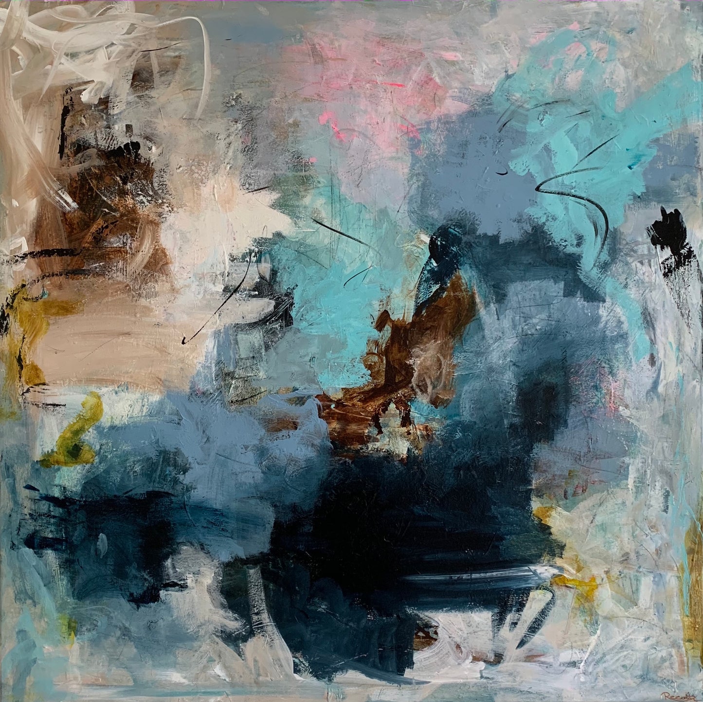 Abstrakt maleri, 100x100 cm, "Dancing Fairies" by Lone Reedtz , Abstrakt ekspressivt akrylmaleri på lærred Uden ramme Blue Yellow