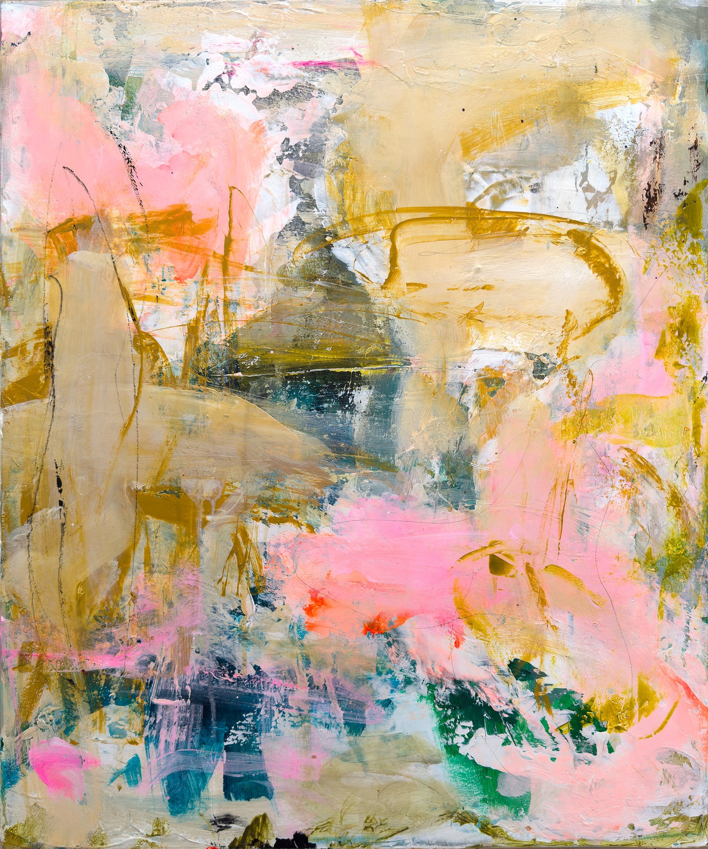 Abstrakt maleri, 60x50 cm, "STILLE SOL” by Lone Reedtz , Abstrakt ekspressivt akrylmaleri på lærred Black Blue Brown Grey Ochre Orange White