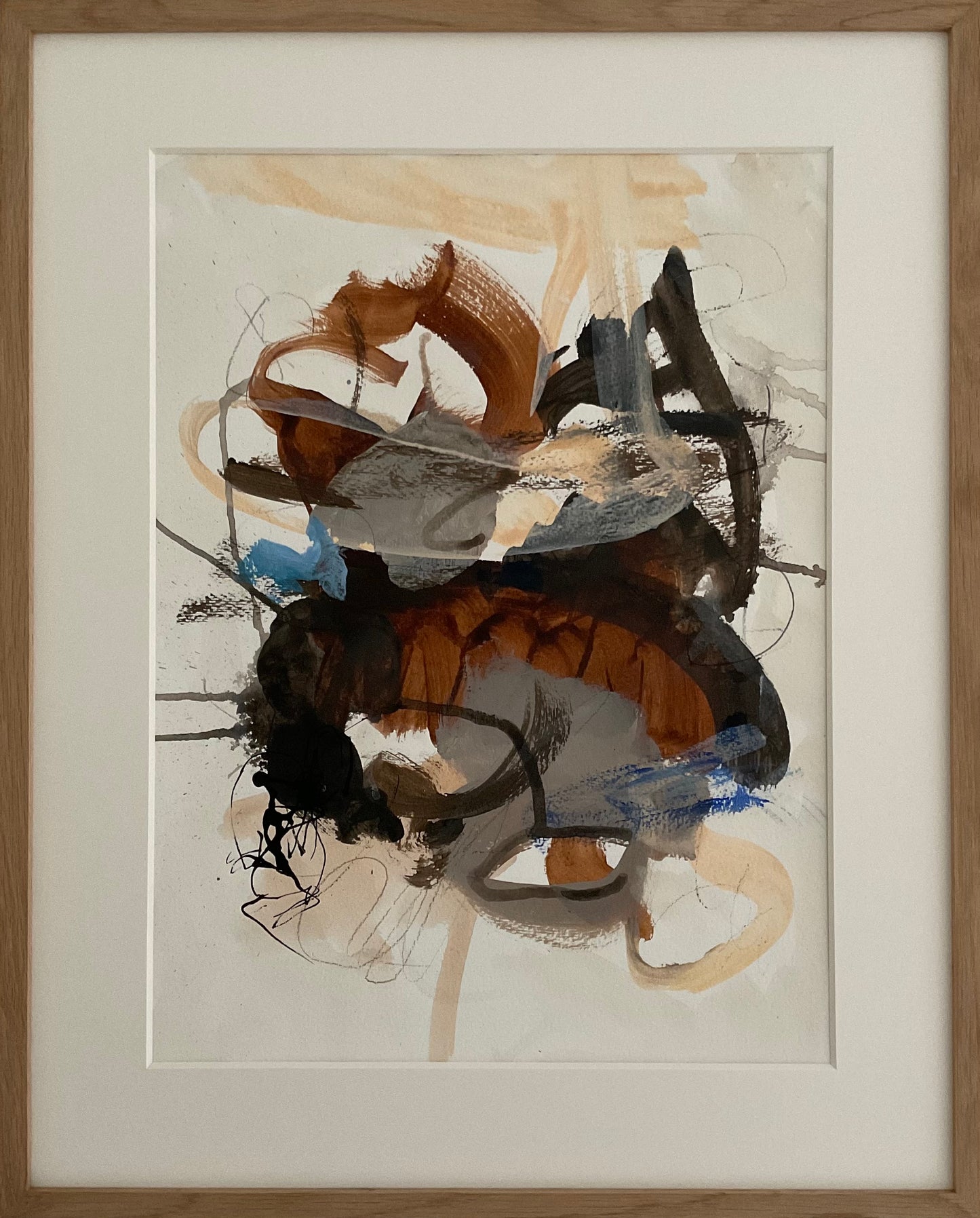 Paperwork nr. 64, 40x50 cm med massiv egetræsramme by Lone Reedtz , Abstrakt ekspressivt akrylmaleri på papir i passepartout