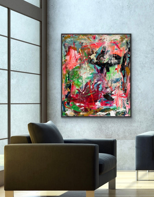 Abstrakt maleri, 120x100 cm, "DEN RØDE BALLON” by Lone Reedtz , Abstrakt ekspressivt akrylmaleri på lærred Med sort svæveramme
