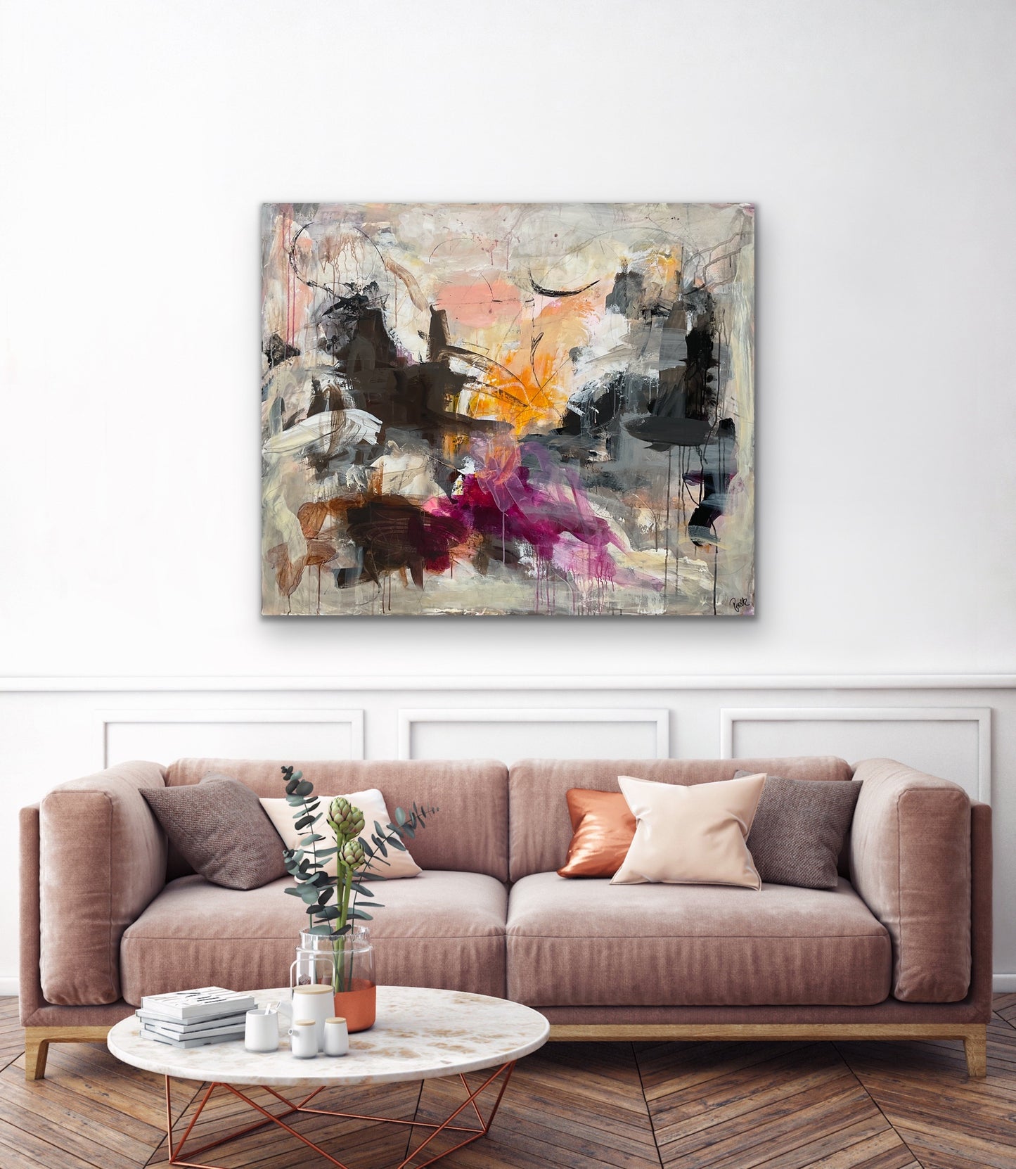 Abstrakt maleri, 100x120 cm, “SECRET GARDEN” by Lone Reedtz , Abstrakt ekspressivt akrylmaleri på lærred