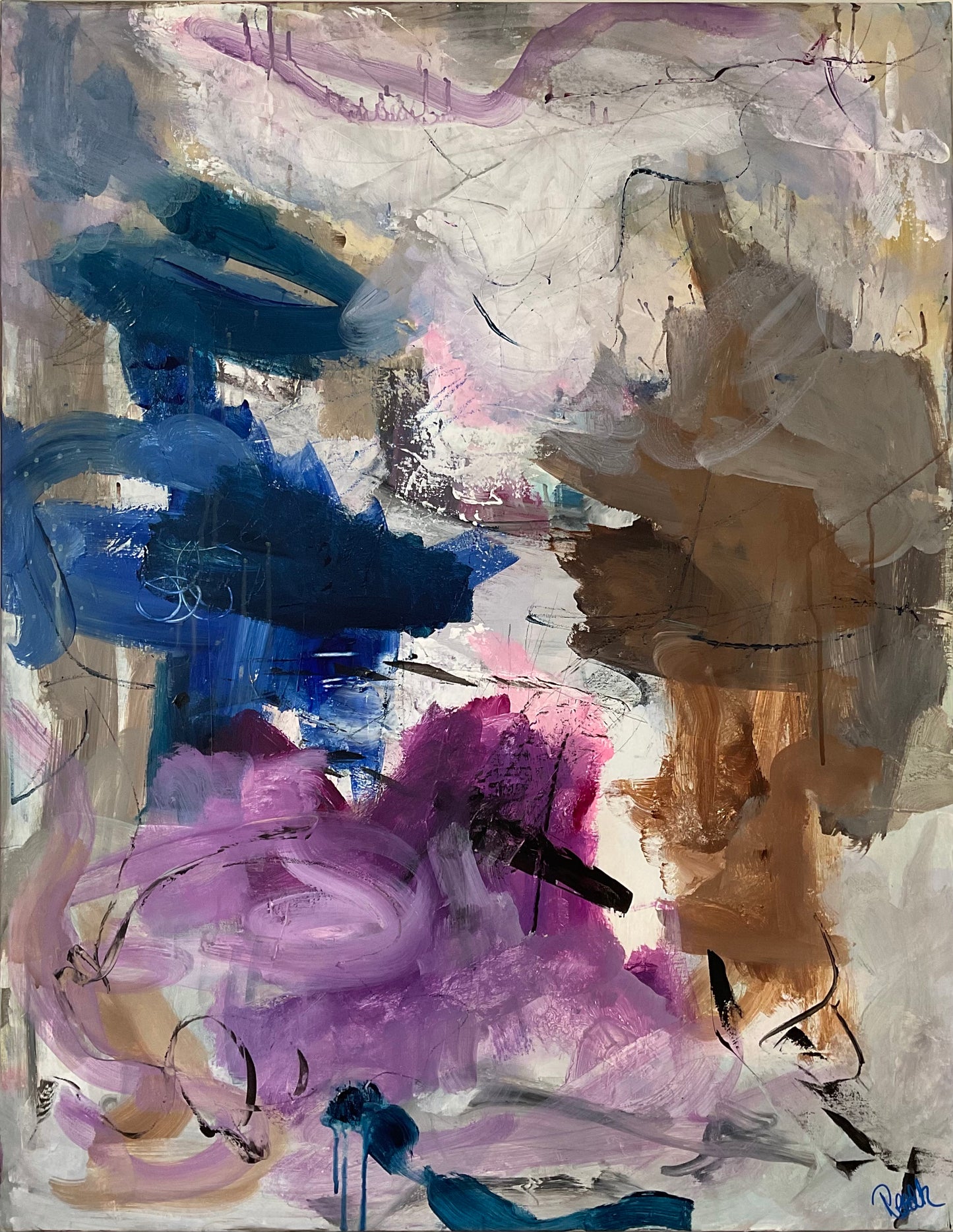 Abstrakt maleri, 90x70 cm, ”SOFT LIGHTS” by Lone Reedtz , Abstrakt ekspressivt akrylmaleri på lærred Uden ramme