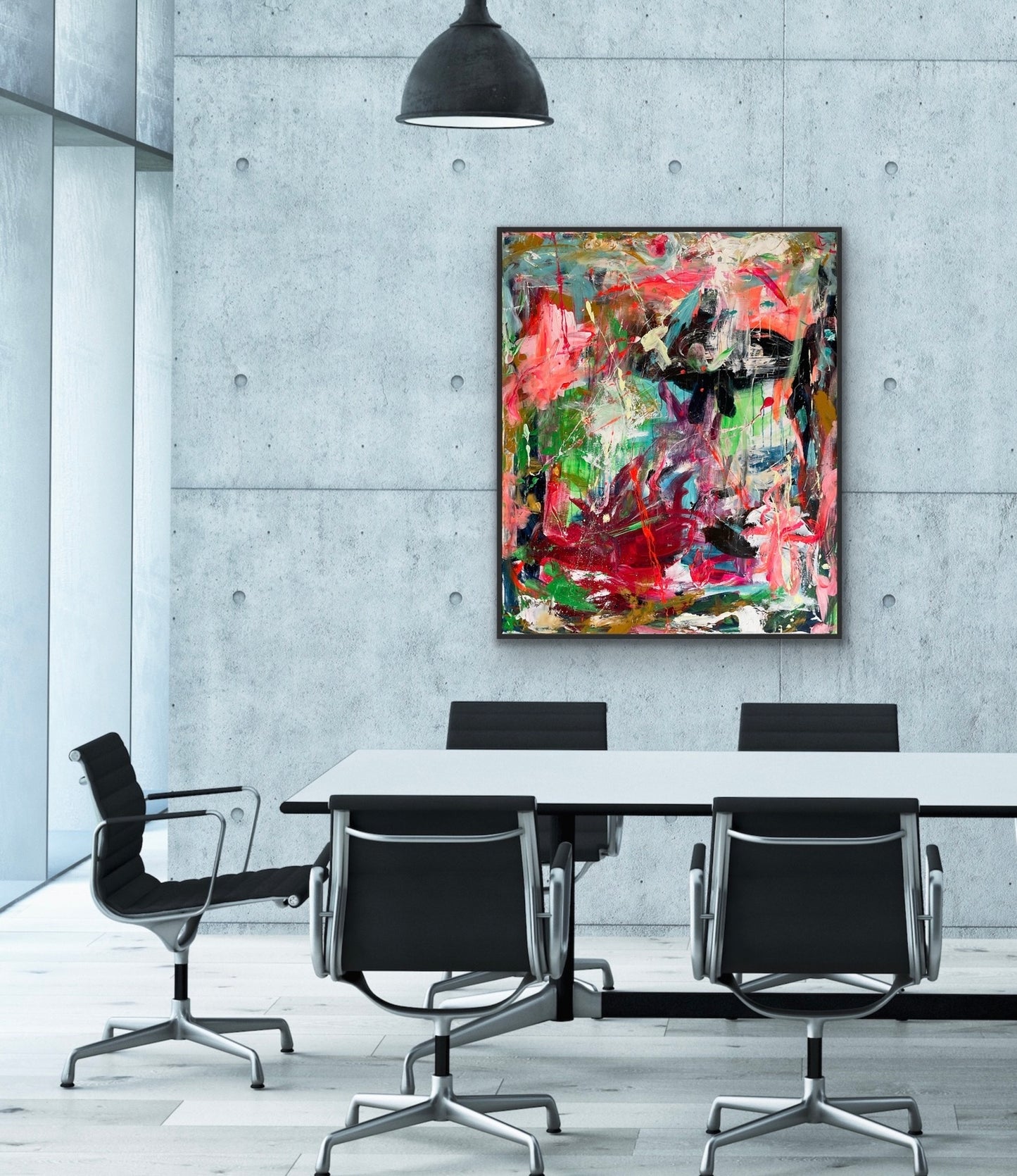 Abstrakt maleri, 120x100 cm, "DEN RØDE BALLON” by Lone Reedtz , Abstrakt ekspressivt akrylmaleri på lærred