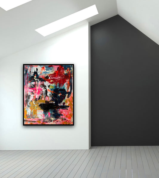 Abstrakt maleri, 120x100 cm, "The fullness of living" by Lone Reedtz , Abstrakt ekspressivt akrylmaleri på lærred Med sort svæveramme