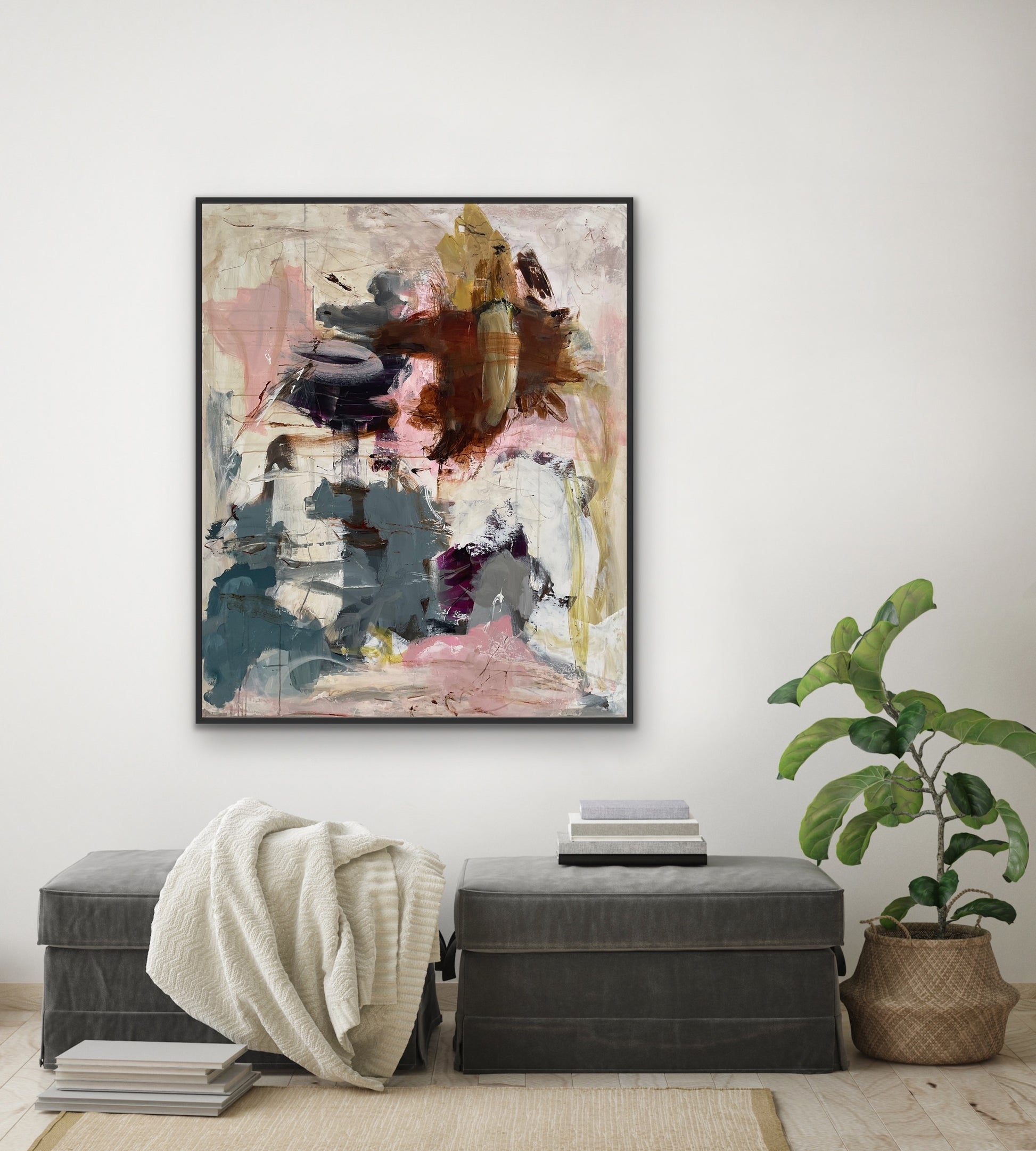 Abstrakt maleri, 120x100 cm, "Magnolia" by Lone Reedtz , Abstrakt ekspressivt akrylmaleri på lærred Med sort svæveramme