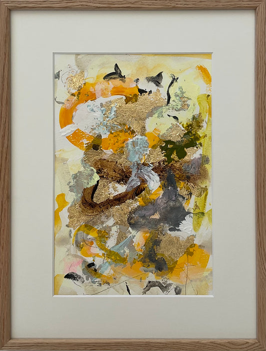 Paperwork nr. 13, 40x30 cm, med guld bladmetal og massiv egetræsramme by Lone Reedtz , Abstrakt ekspressivt akrylmaleri på papir i passepartout Gold Orange Yellow