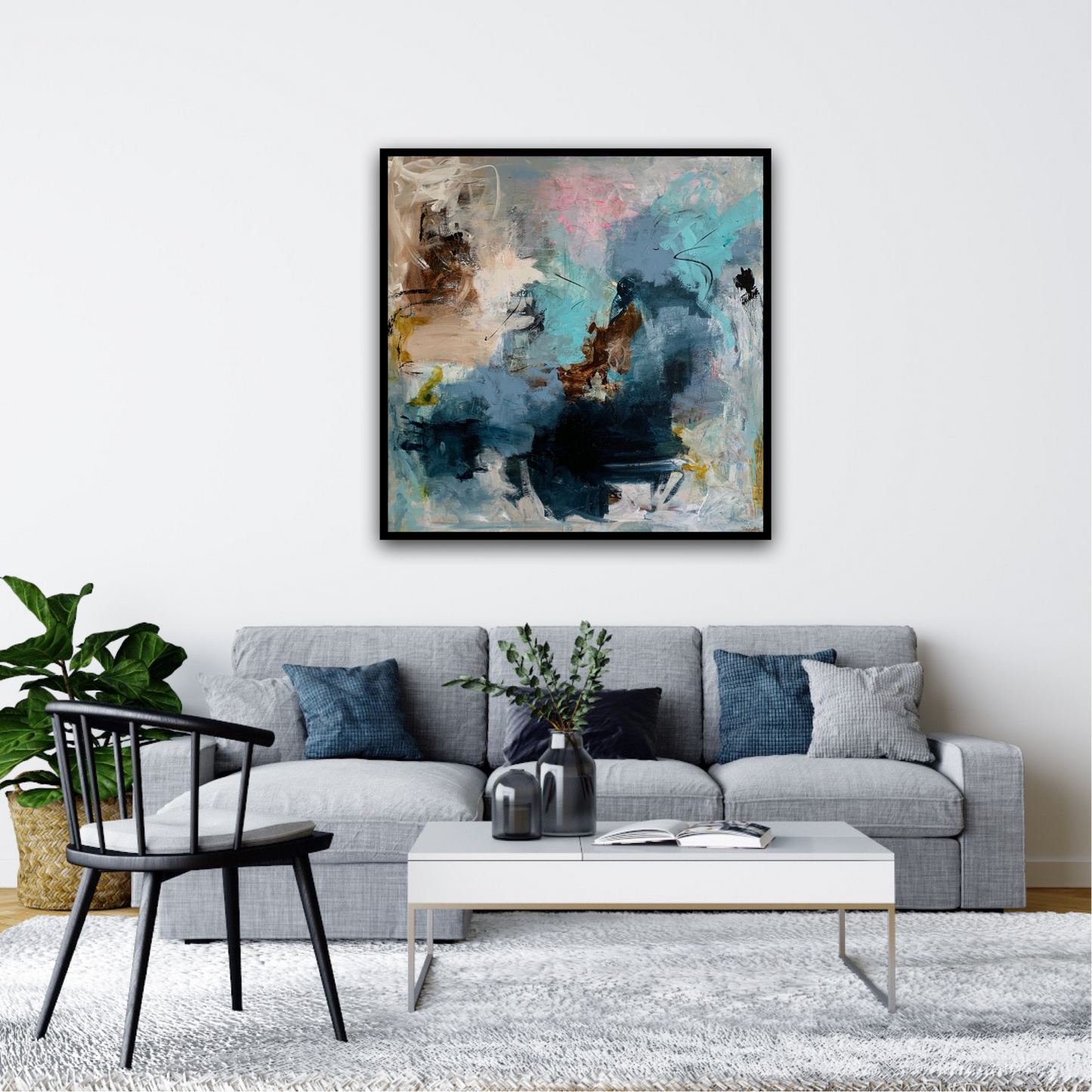 Abstrakt maleri, 100x100 cm, "Dancing Fairies" by Lone Reedtz , Abstrakt ekspressivt akrylmaleri på lærred Blue Yellow