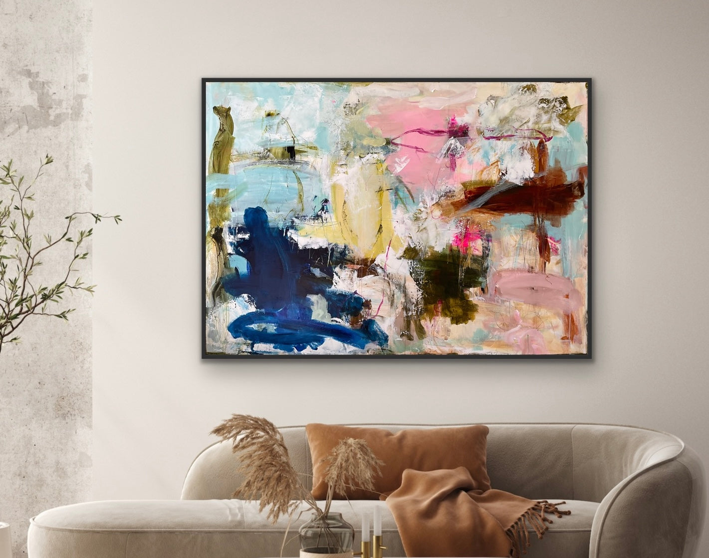Abstrakt maleri, 100x140 cm, "HIGH POWER” by Lone Reedtz , Abstrakt ekspressivt akrylmaleri på lærred Med sort svæveramme Black Blue Brown Grey Ochre Orange Pink White