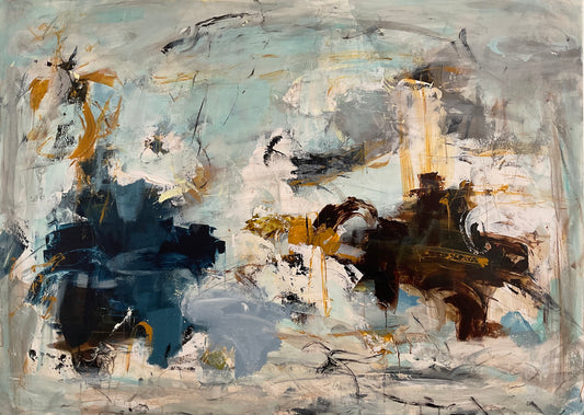 Abstrakt maleri, 100x140 cm, "Fly bird" by Lone Reedtz , Abstrakt ekspressivt akrylmaleri på lærred Uden ramme Black Blue Brown Grey Ochre Orange Pink White