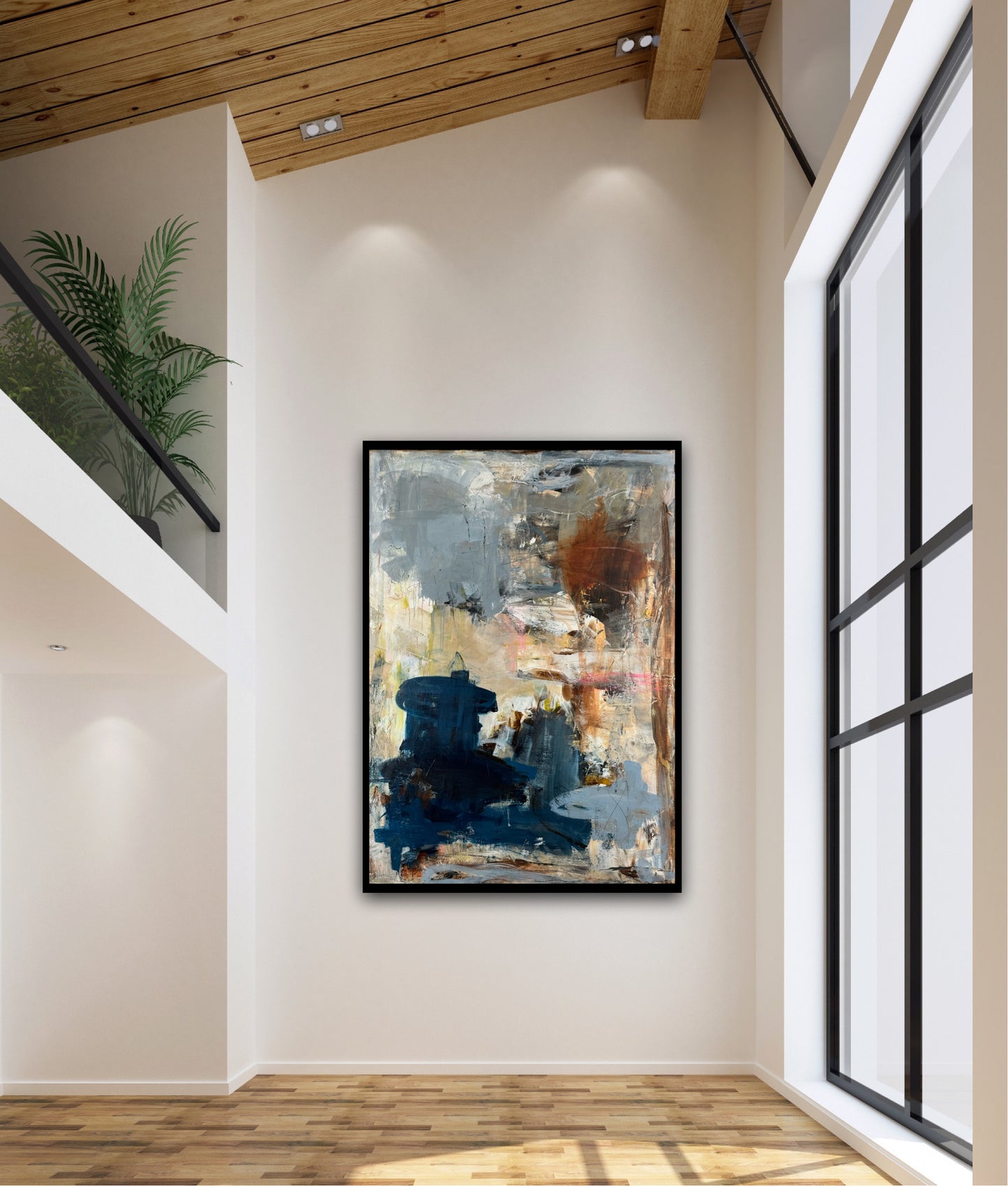 Abstrakt maleri, 140x100 cm, "A beautiful place" by Lone Reedtz , Abstrakt ekspressivt akrylmaleri på lærred Med sort svæveramme Black Blue Brown Grey Ochre Orange Pink White