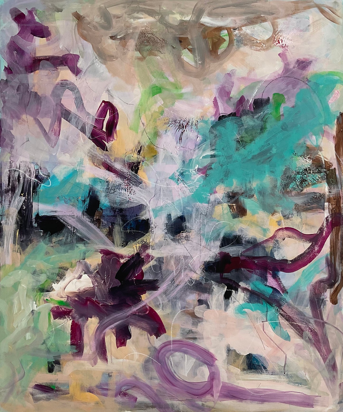 Abstrakt maleri, 120x100 cm, ”ESTIVAL” by Lone Reedtz , Abstrakt ekspressivt akrylmaleri på lærred Uden ramme