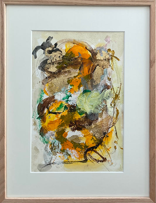 Paperwork nr. 78, 40x30 cm, med guld bladmetal og massiv egetræsramme by Lone Reedtz , Abstrakt ekspressivt akrylmaleri på papir i passepartout Gold Green Grey Orange Yellow