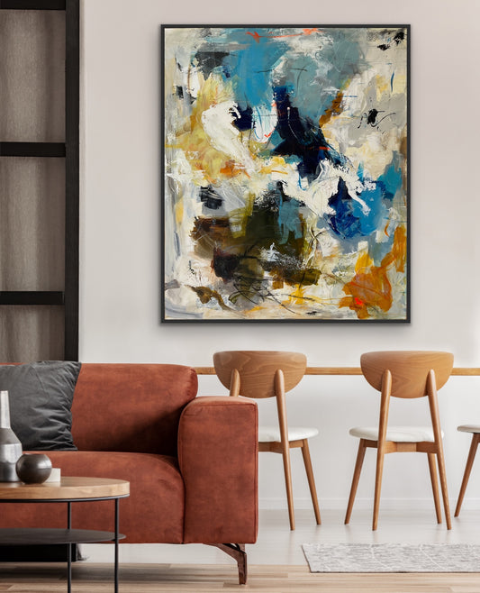 Abstrakt maleri, 120x100 cm, "RELATIONSHIPS” by Lone Reedtz , Abstrakt ekspressivt akrylmaleri på lærred Med sort svæveramme