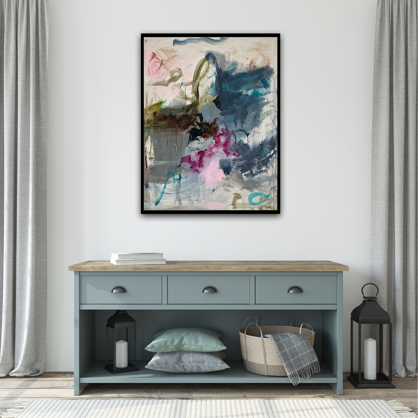 Abstrakt maleri, 70x90 cm, "Beautiful Day" by Lone Reedtz , Abstrakt ekspressivt akrylmaleri på lærred Med sort svæveramme