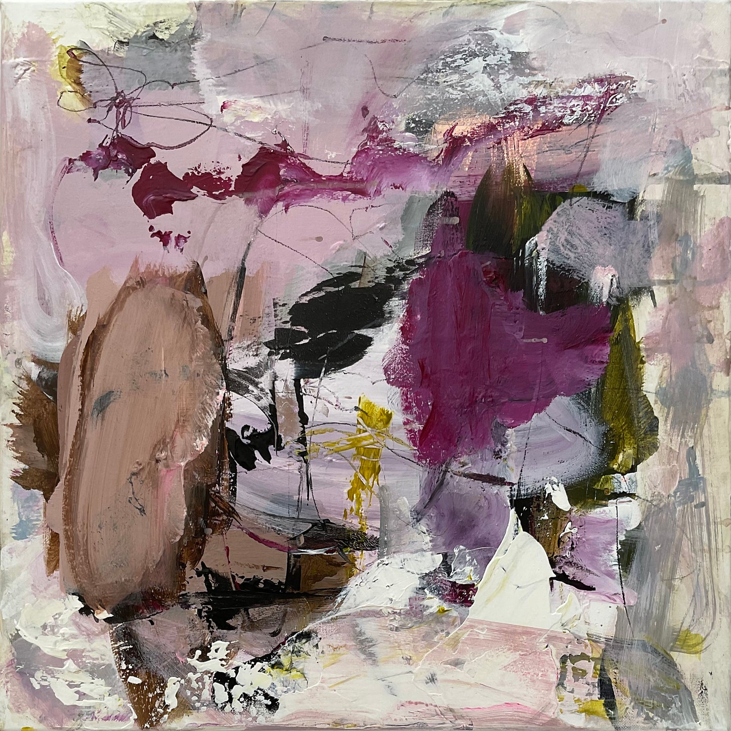 Abstrakt maleri, 40x40 cm, "Embrace" by Lone Reedtz , Abstrakt ekspressivt akrylmaleri på lærred Uden ramme
