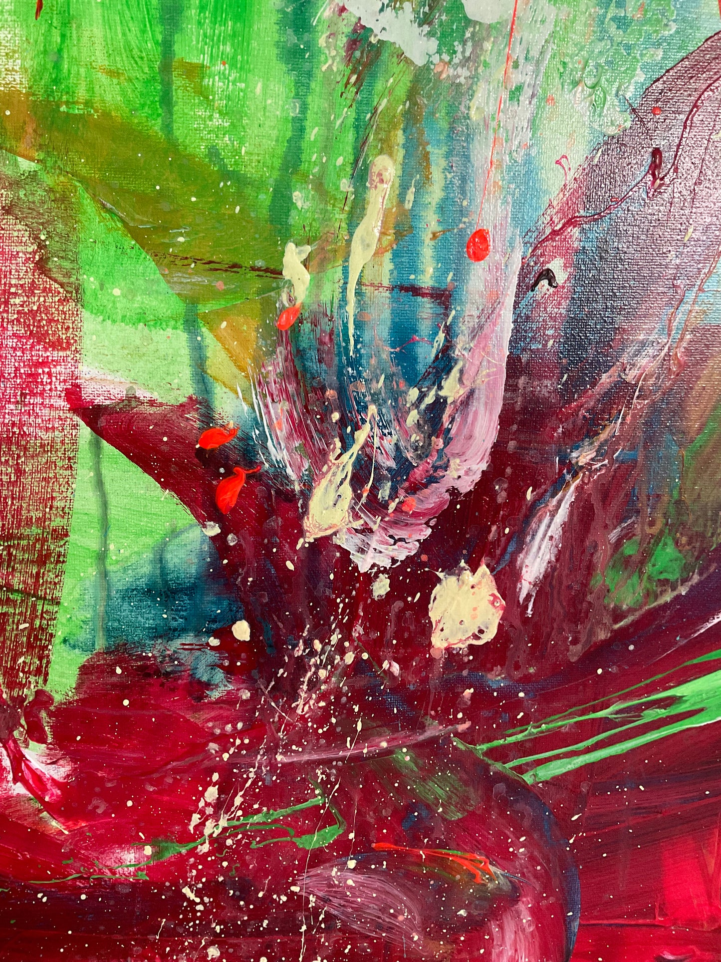 Abstrakt maleri, 120x100 cm, "DEN RØDE BALLON” by Lone Reedtz , Abstrakt ekspressivt akrylmaleri på lærred