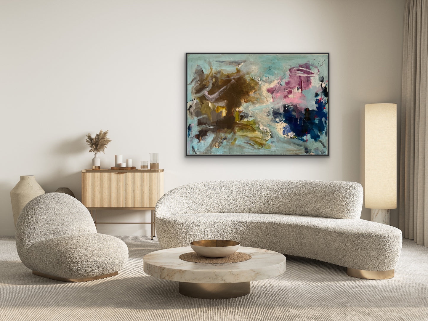 Abstrakt maleri, 100x140 cm, "CRUSH ON LIFE” by Lone Reedtz , Abstrakt ekspressivt akrylmaleri på lærred Med sort svæveramme