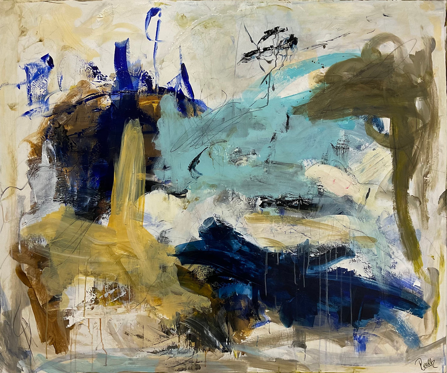 Abstrakt maleri, 100x120 cm, ”GUIDED BY A BEATING HEART” by Lone Reedtz , Abstrakt ekspressivt akrylmaleri på lærred horsens-kunstforening